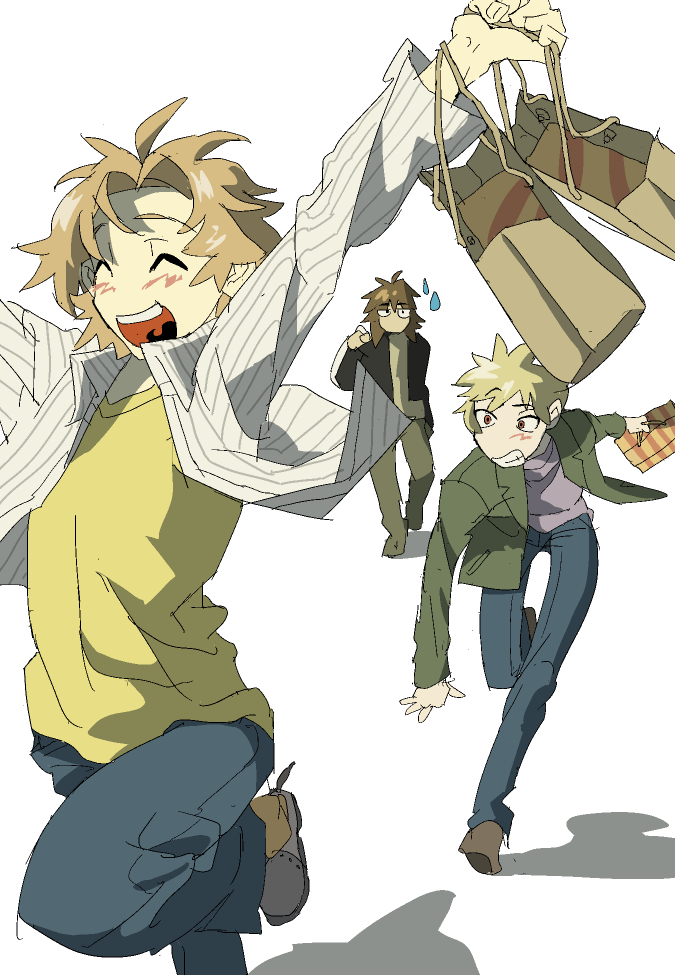 3boys :d ^_^ arms_up atou_haruki bag black_jacket blue_pants brown_hair brown_shoes brown_socks closed_eyes commentary_request green_jacket grey_shirt grey_shoes holding holding_bag isoi_reiji jacket lapels multiple_boys natsumi_(723type) notched_lapels open_clothes open_jacket open_mouth open_shirt pants paper_bag saibou_shinkyoku shinano_eiji shirt shoes shopping_bag short_hair smile socks striped_clothes striped_shirt sweatdrop upper_body vertical-striped_clothes vertical-striped_shirt white_shirt yellow_shirt