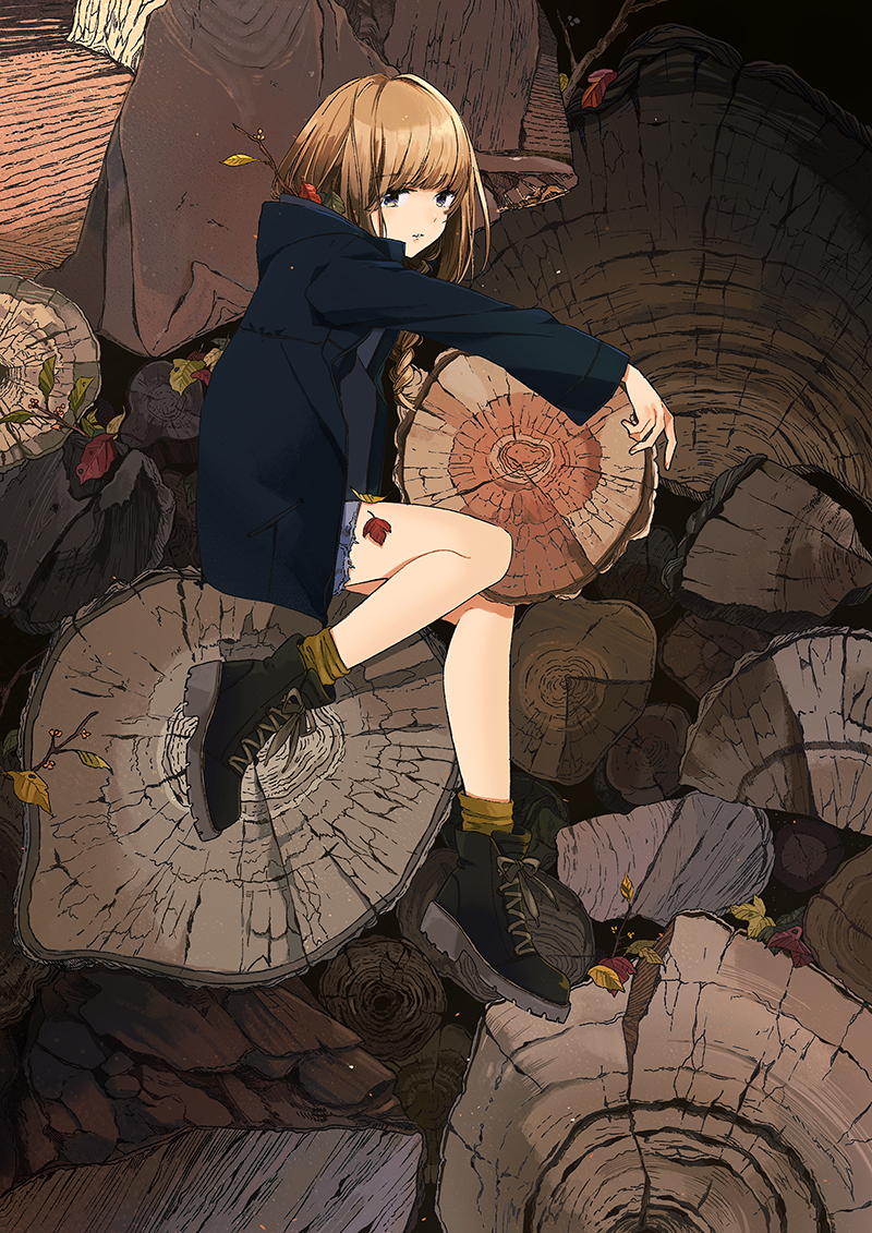 1girl ankle_boots autumn_leaves black_jacket blue_shorts blunt_bangs boots braid brown_boots brown_hair brown_socks cutoffs denim denim_shorts female_focus from_above hair_over_shoulder hood hood_down hooded_jacket jacket kurokeisin lace-up_boots leaf long_hair long_sleeves looking_at_viewer lying on_side open_clothes open_jacket original parted_lips plant purple_eyes short_shorts shorts sidelocks single_braid socks solo tree_stump trunk wavy_mouth yellow_socks