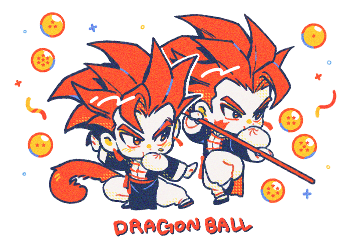 2boys steamed_bun brothers chibi chinese_clothes commentary_request copyright_name dragon_ball dragon_ball_(object) dragon_ball_legends english_text facial_scar fighting_stance food food_in_mouth giblet_(dragon_ball) holding holding_staff hyong311 knee_up korean_commentary limited_palette looking_to_the_side male_focus mirror_twins monkey_boy monkey_tail multiple_boys orange_hair scar scar_on_cheek scar_on_face shallot_(dragon_ball) short_hair siblings single_bang spiked_hair staff tail twins white_background