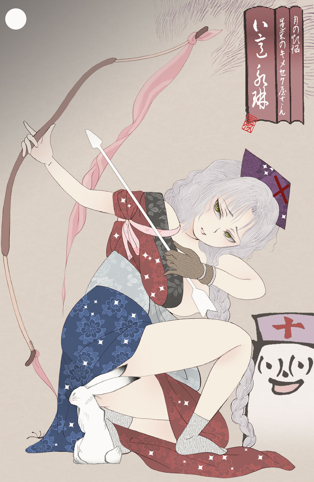 1girl archery_shooting_glove arrow_(projectile) bare_shoulders blue_dress bow_(weapon) braid braided_ponytail character_name cloritin cross dress fine_art_parody full_moon gloves hat highres moon nihonga nurse_cap one_breast_out parody partially_fingerless_gloves rabbit red_cross red_dress star_(symbol) star_print touhou two-tone_dress ukiyo-e weapon white_hair white_rabbit_(animal) yagokoro yagokoro_eirin yellow_eyes