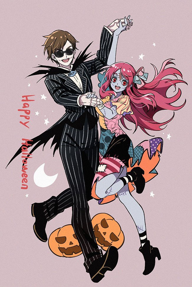 1boy 1girl cosplay da_huang dancing glasses halloween holding_hands jack_skellington_(cosplay) minamoto_sakura pumpkin red_eyes red_hair sally_(nbc)_(cosplay) stitches tatsumi_koutarou the_nightmare_before_christmas zombie_girl zombie_land_saga