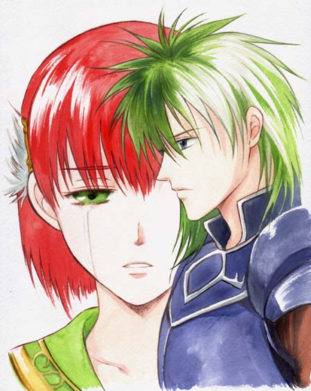 agahari armor blue_eyes couple fire_emblem fire_emblem:_the_blazing_blade green_eyes green_hair head_wings heath_(fire_emblem) long_hair multicolored_hair nintendo priscilla_(fire_emblem) purple_eyes red_hair sad short_hair sitting tears two-tone_hair white_hair wings wyvern_rider