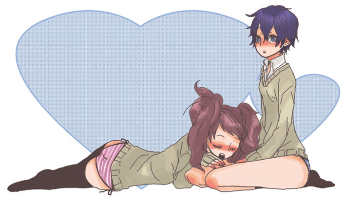 2girls atlus bad_id bad_pixiv_id blue_hair blush kujikawa_rise multiple_girls panties persona persona_4 shirogane_naoto side-tie_panties striped_clothes striped_panties sweater ten ten_(ch) thighhighs twintails underwear