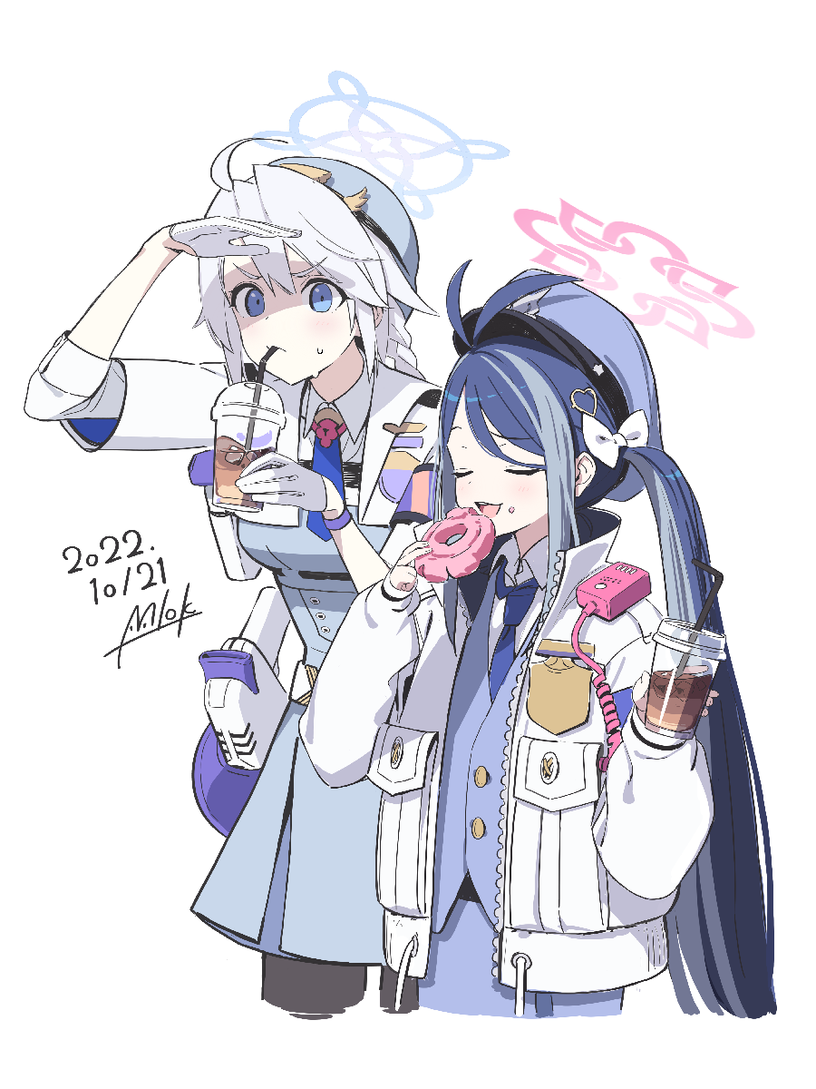 1girl blue_archive blue_hair donut food fubuki_(blue_archive) hair_ornament halo highres jacket kirino_(blue_archive) mimitoke open_clothes open_jacket pink_eyes simple_background twintails white_background white_jacket