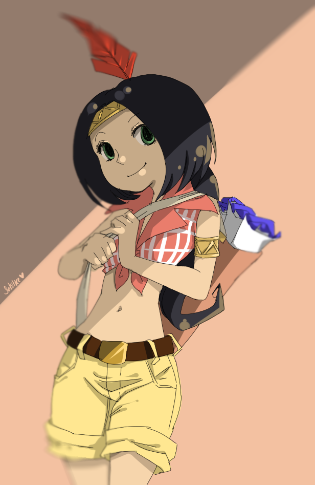 armlet banjo-kazooie feathers front-tie_top humba_wumba_(banjo-kazooie) jewelry native_american ponytail shorts tagme