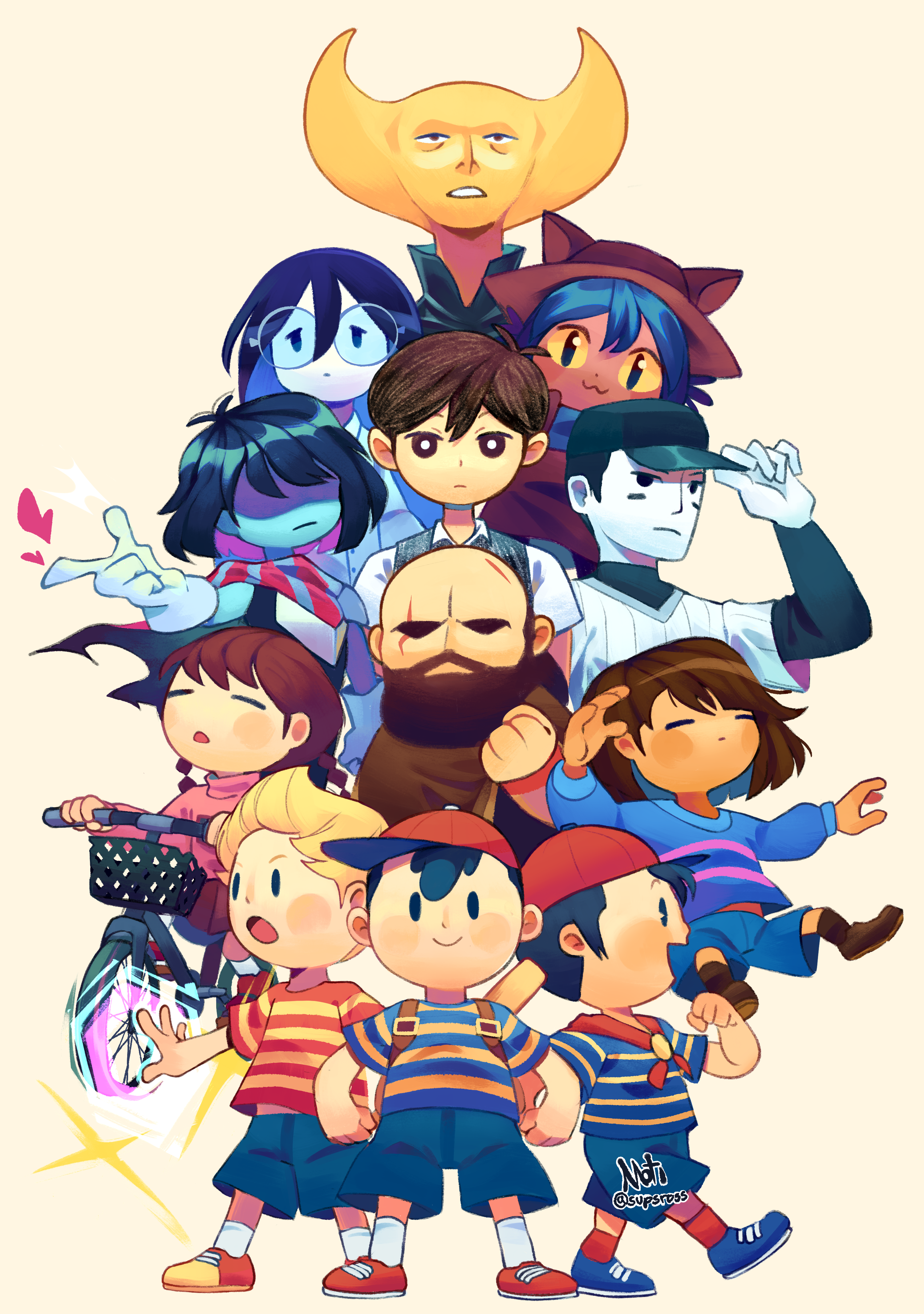 2girls 3others 6+boys :3 =_= absurdres androgynous animal_ears animal_hat armor bald baseball_bat baseball_cap baseball_uniform beard bicycle black_eyes black_hair black_vest blonde_hair blue_footwear blue_hair blue_scarf blue_shorts blue_skin brad_armstrong braid bright_pupils brown_hair brown_poncho cat_ears cat_hat closed_eyes closed_mouth collared_shirt colored_inner_hair colored_sclera colored_skin crossover deltarune escaped_chasm facial_hair frisk_(undertale) glasses gloves hair_behind_ear hair_over_eyes hat highres holding hylics kris_(dark_world)_(deltarune) kris_(deltarune) lisa_(series) lisa_the_painful lonely_girl_(escaped_chasm) long_beard long_hair long_sleeves looking_at_viewer lucas_(mother_3) madotsuki mother_(series) mother_1 mother_2 mother_3 multicolored_hair multiple_boys multiple_crossover multiple_girls multiple_others ness_(mother_2) niko_(oneshot) ninten nintendo off_(game) omori oneshot_(game) open_mouth pink_sweater quiff red_footwear revision riding riding_bicycle round_eyewear scar scar_across_eye scar_on_face scarf shirt short_hair short_sleeves shorts simple_background slit_pupils smile sportswear striped_clothes striped_scarf striped_shirt striped_sweater sunny_(omori) supsross sweater sweater_vest the_batter_(off) trait_connection twin_braids twintails undertale vertical-striped_clothes vertical-striped_scarf vertical-striped_shirt vest wayne_(hylics) white_pupils white_shirt white_skin yellow_background yellow_eyes yellow_sclera yellow_skin yume_nikki