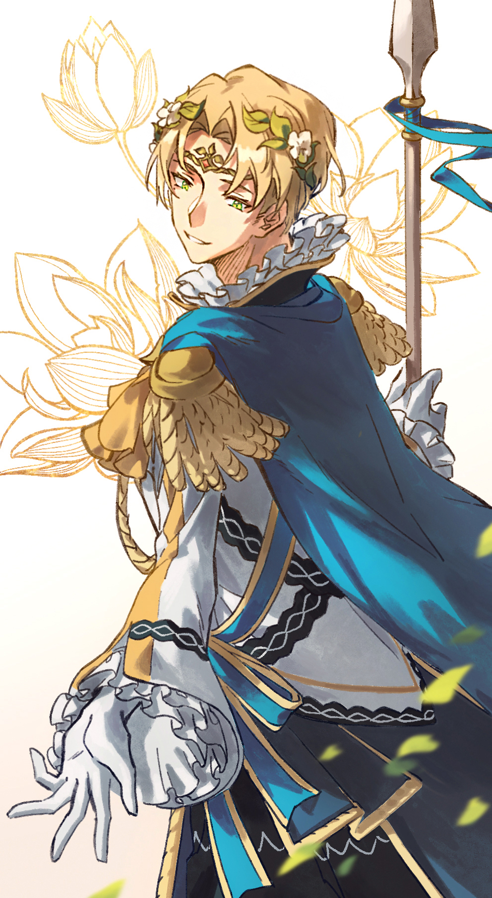1boy alfred_(fire_emblem) blonde_hair blue_cape cape circlet collar fire_emblem fire_emblem_engage flower frilled_collar frilled_sleeves frills gloves green_eyes hahahashagi hair_ornament highres holding holding_polearm holding_weapon long_sleeves nintendo polearm short_hair simple_background smile weapon white_gloves