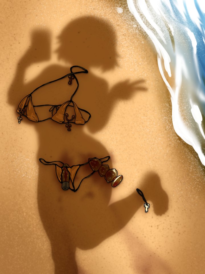 1girl beach bikini breasts butt_plug character_request commentary copyright_request cowboy_shot crotchless crotchless_bikini cupless_bikini dildo dressed_shadow_(meme) english_commentary gold_bikini golden_week holding holding_phone implied_nudity large_breasts meme ocean penis-shaped_jewelry phone pussy_juice sand sex_toy shadow short_hair solo swimsuit unworn_bikini ycgirl