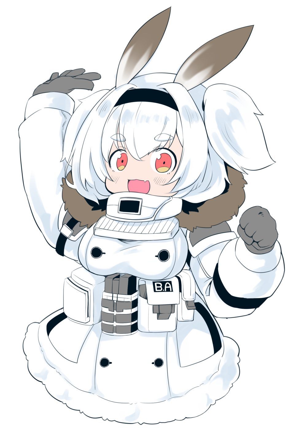 1girl :d alvis_(last_origin) animal_ears black_hairband blush breasts clenched_hand coat commentary_request copyright_request fang foxxre fur-trimmed_coat fur_trim gloves grey_gloves hair_between_eyes hairband highres large_breasts last_origin long_sleeves looking_at_viewer open_mouth puffy_long_sleeves puffy_sleeves rabbit_ears red_eyes short_eyebrows simple_background smile solo thick_eyebrows two_side_up white_background white_coat white_hair