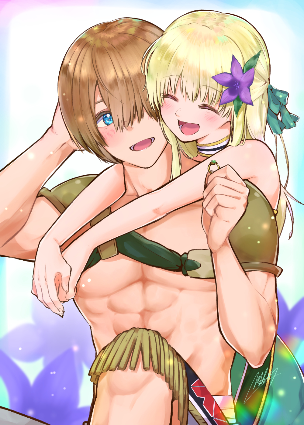 1boy 1girl abs blonde_hair blue_eyes blush brown_hair flower fumetsu_no_anata_e gugu_(fumetsu_no_anata_e) hair_flower hair_ornament hair_over_one_eye highres holding holding_jewelry holding_ring jewelry mar0maru muscular muscular_male open_mouth pectorals purple_flower rean_cropp ring signature smile upper_body