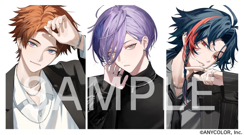 3boys 3skm_(nijisanji) ahoge black_jacket black_necktie black_shirt blue_eyes blue_hair border bracelet braid closed_mouth collared_shirt column_lineup copyright_notice curtained_hair earrings green_eyes grey_shirt hair_between_eyes hair_over_one_eye hand_on_own_chin hand_on_own_neck hand_up jacket jewelry kaisei_(nijisanji) kitami_yusei lapels long_hair long_sleeves looking_at_viewer male_focus multicolored_eyes multicolored_hair multiple_boys multiple_rings necklace necktie nijisanji notched_lapels official_art orange_hair parted_bangs pinky_ring pinstripe_jacket pinstripe_pattern pinstripe_shirt portrait purple_hair red_eyes red_hair ring sakaki_ness sample_watermark shirt short_hair side_braid side_part sideways_glance simple_background smile streaked_hair suit_jacket turtleneck turtleneck_shirt two-tone_eyes ugonba_(howatoro) virtual_youtuber watermark white_border white_shirt
