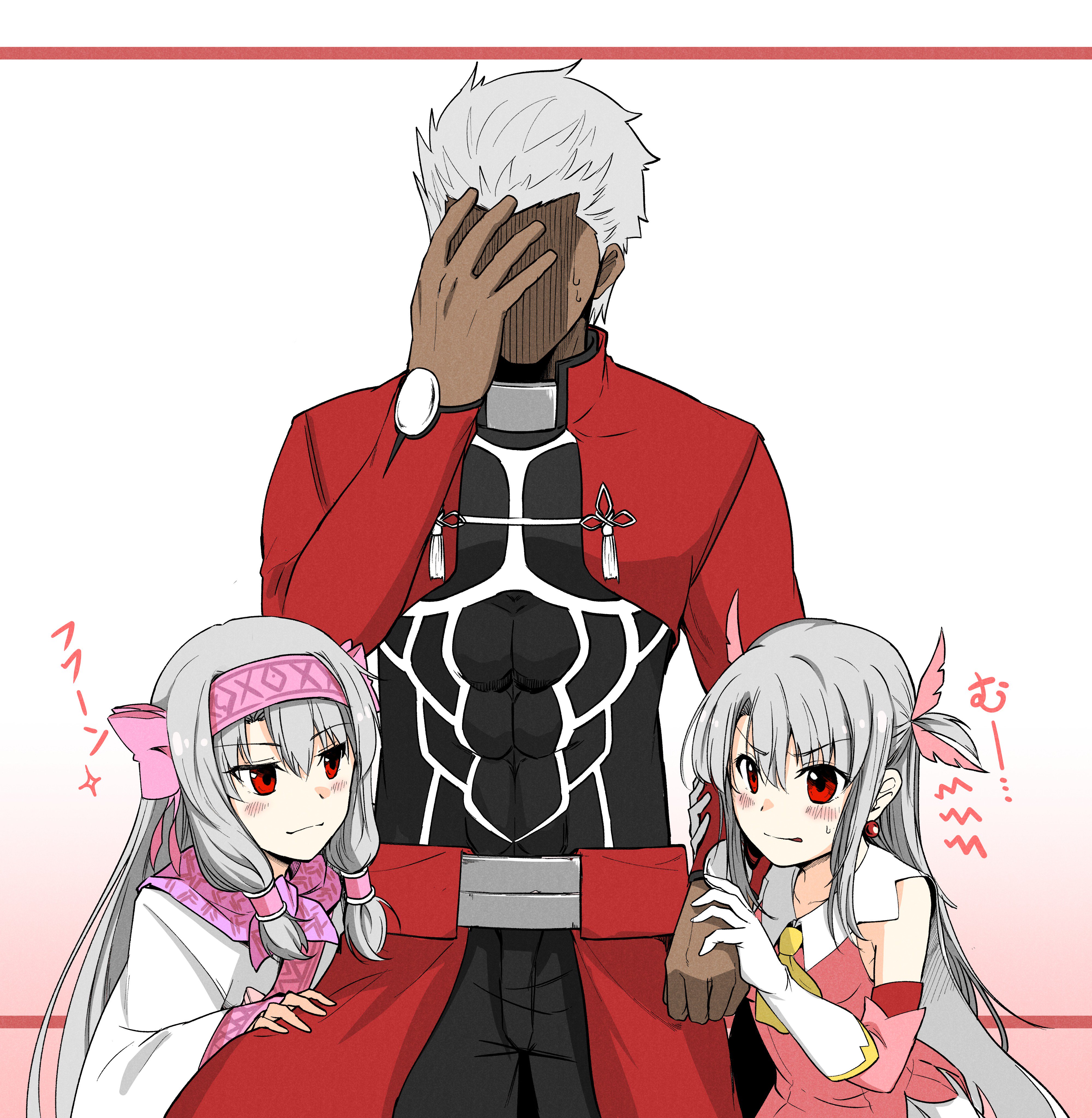 1boy 2girls absurdres archer_(fate) commentary_request dark-skinned_male dark_skin drag009 facepalm fate/grand_order fate_(series) grabbing_another's_arm grey_hair hair_tubes hairband highres illyasviel_von_einzbern low-tied_sidelocks multiple_girls pink_hairband prisma_illya red_eyes shaded_face sidelocks sitonai_(fate) translation_request