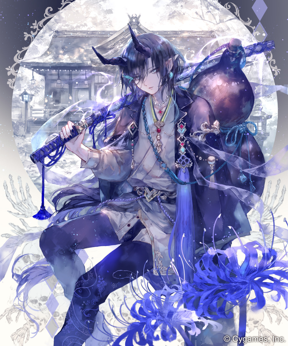 1boy blue_coat blue_eyes blue_flower blue_pants blue_spider_lily coat commentary copyright_notice cygames flower haori highres horns jacket japanese_clothes looking_at_viewer onineko open_clothes open_jacket pants parted_lips shingeki_no_bahamut shuten_douji_(shingeki_no_bahamut) sitting skull spider_lily sword unbuttoned unbuttoned_shirt weapon