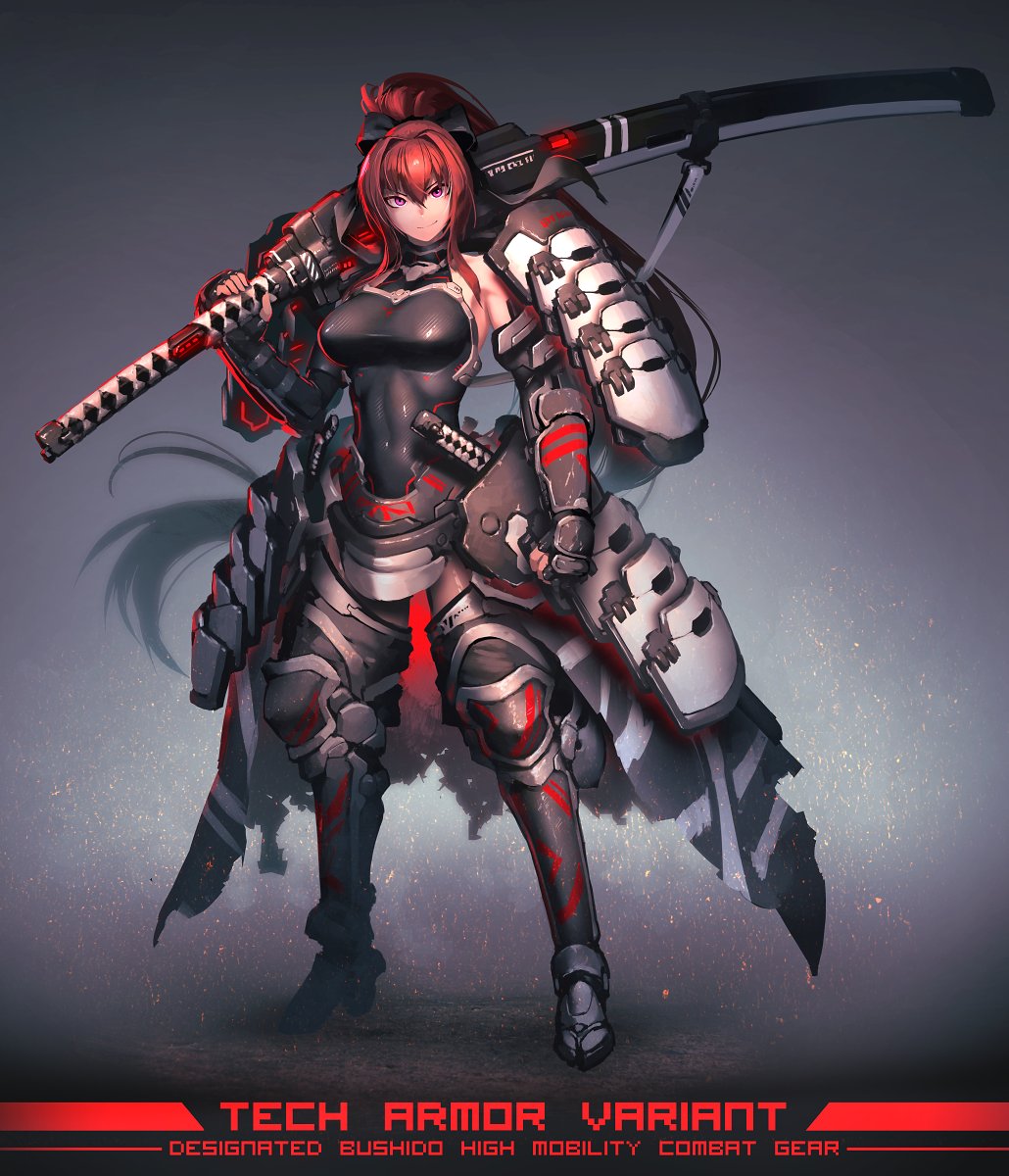 1girl arm_armor armor black_leotard breasts commission covered_navel dated_commentary english_text fingerless_gloves full_body gloves grey_background hetza_(hellshock) highres holding holding_weapon large_breasts leg_armor leotard long_hair looking_at_viewer original ponytail purple_eyes red_hair sheath sheathed shoulder_armor skeb_commission solo sword very_long_hair weapon