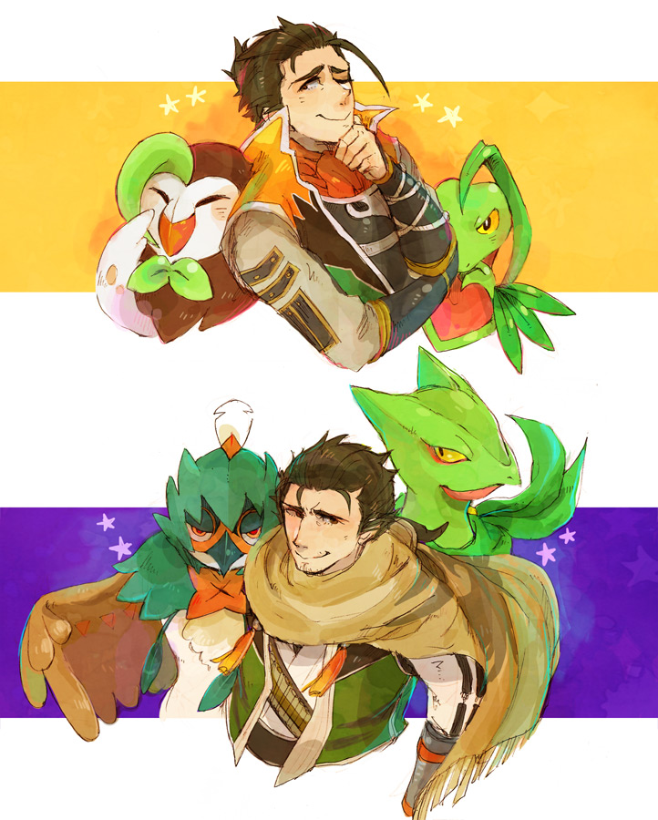 ascot brown_eyes brown_hair coat dartrix decidueye facial_hair finger_to_own_chin gen_3_pokemon gen_7_pokemon grovyle japanese_clothes kimono looking_at_viewer nintendo one_eye_closed pokemon pokemon_conquest saika_magoichi scarf sceptile sengoku_musou smile stubble wink yukimoto