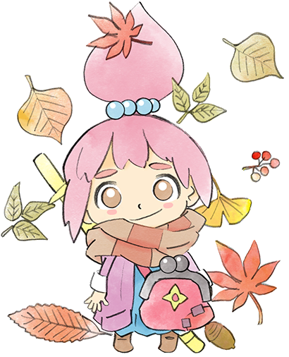 1girl autumn_leaves bag brown_eyes child hair_bun kat_(warioware) leaf looking_at_viewer nintendo official_art pink_hair scarf smile striped_clothes striped_scarf takeuchi_kou third-party_source warioware warioware:_get_it_together!