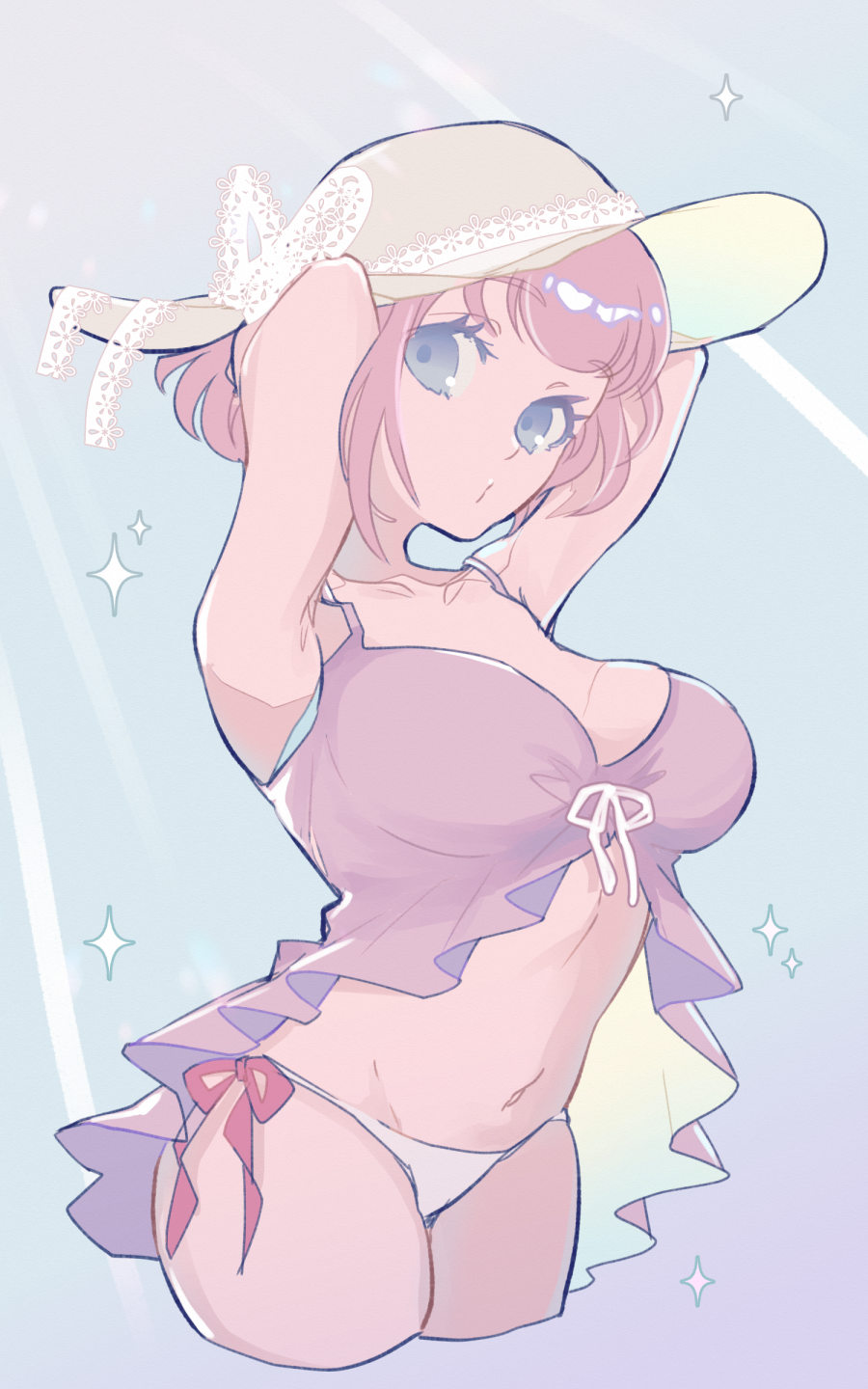 1girl :o ando_ruruka arms_behind_head bare_arms bare_shoulders bikini breasts brown_hat cleavage collarbone cowboy_shot cropped_legs danganronpa_(series) danganronpa_3_(anime) green_eyes grey_background hat highres kuzuhana large_breasts looking_at_viewer navel pink_hair pink_shirt shirt short_hair side-tie_bikini_bottom solo stomach sun_hat swimsuit white_bikini