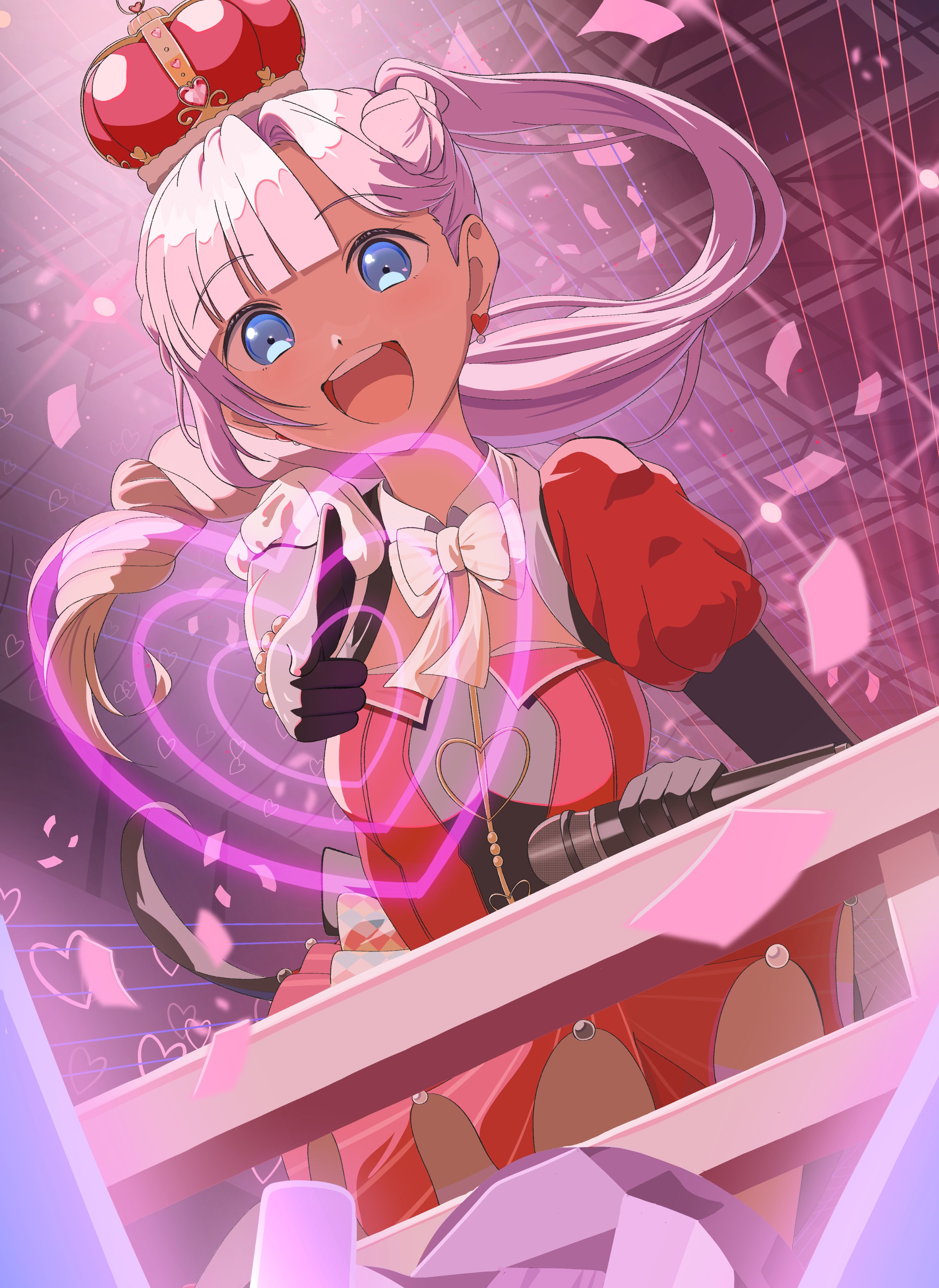 1girl :d absurdres anyoji_hime arched_crown asymmetrical_sleeves black_gloves blonde_hair blue_eyes blunt_bangs bow bow-shaped_hair bowtie commentary_request cowboy_shot crown detached_collar dress drill_hair elbow_gloves finger_gun floating_hair gloves gradient_hair hair_intakes highres link!_like!_love_live! long_hair love_live! mismatched_sleeves morio_(mmorio_mu) multicolored_hair official_alternate_costume official_alternate_hairstyle open_mouth pink_hair pointing pointing_at_viewer puffy_short_sleeves puffy_sleeves red_crown red_dress short_dress short_sleeves side_ponytail single_drill single_sidelock smile solo swept_bangs teeth upper_teeth_only very_long_hair virtual_youtuber white_sleeves zenhoi_kyun