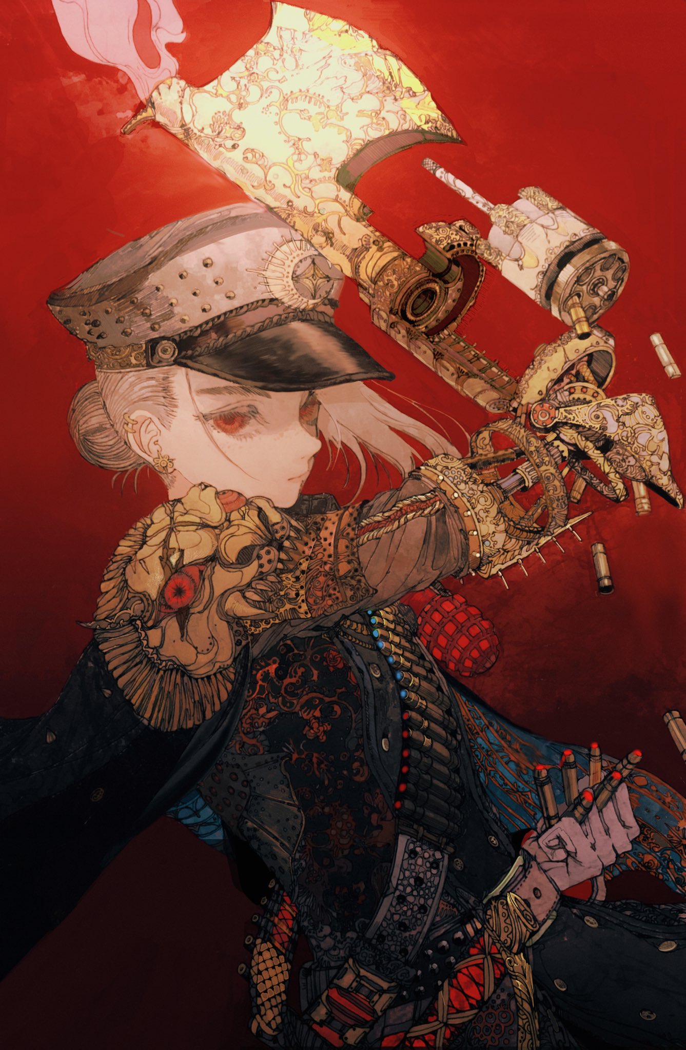 1girl ammunition armor axe ear_piercing earrings explosive gloves grenade grey_hair gun hair_bun hat highres holding holding_weapon jewelry looking_at_viewer military_hat military_uniform mon_(monmon2133) original piercing prosthesis prosthetic_weapon red_eyes shoulder_armor single_glove single_hair_bun smoke smoking_barrel solo unconventional_weapon weapon white_gloves