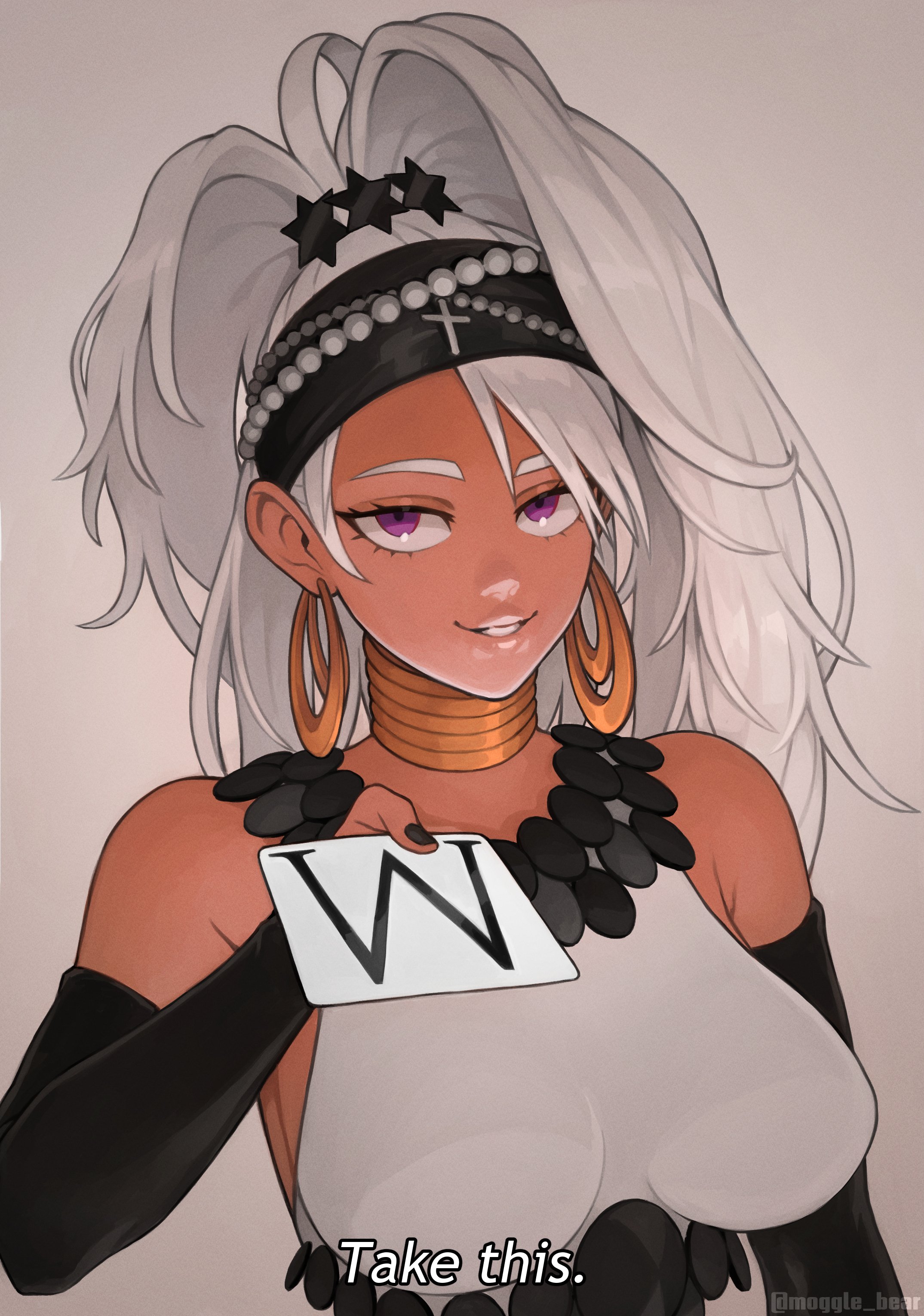 1girl absurdres artist_name beads black_gloves black_hairband black_nails breasts detached_sleeves earrings elbow_gloves gloves gold_choker hairband highres holding hoop_earrings jewelry large_breasts mogglebear neck_ring one-punch_man portrait purple_eyes smile solo teeth twitter_username white_hair yuta_(one-punch_man)