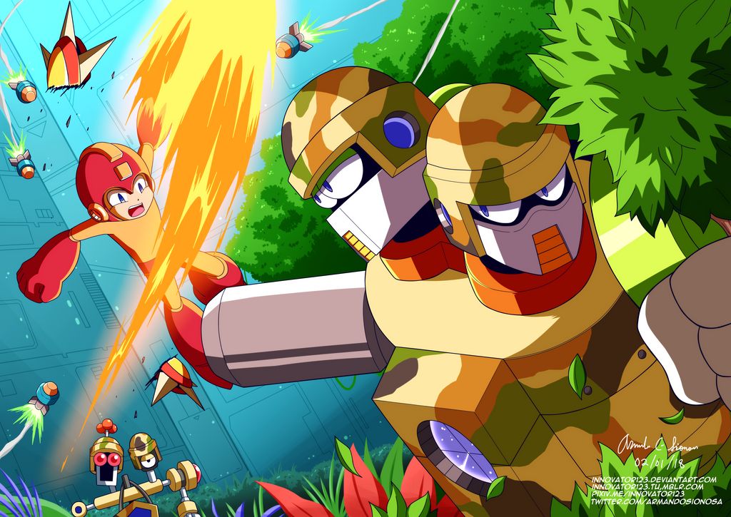 arm_cannon battle boss_battle capcom fire helmet jungle mask mega_man_(character) mega_man_(classic) mega_man_(series) mega_man_8 missile nature open_mouth robot robot_ears search_man tree two_heads weapon