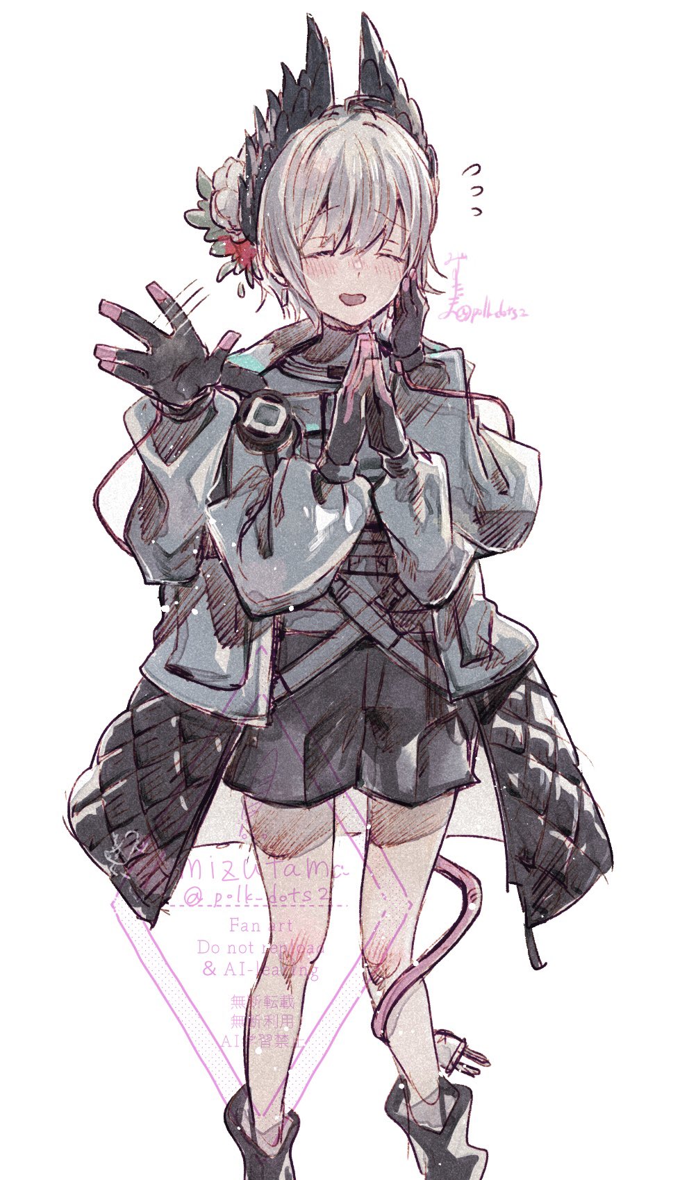1girl arknights bird_girl black_feathers blush closed_eyes commentary_request electric_plug electric_plug_tail extra_arms feathers flower flying_sweatdrops gloves grey_hair hair_flower hair_ornament head_wings highres mizutama_(mizutamalion) pink_gloves raidian_(arknights) short_hair solo tail tail_around_own_leg waving white_background wings