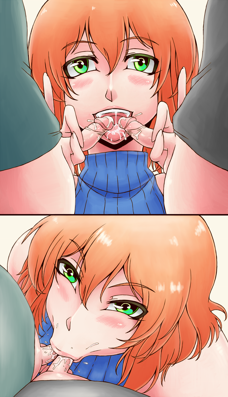 1girl 2boys :&gt;= age_difference assertive_female blush cooperative_fellatio cum cum_in_mouth double_handjob eye_contact fellatio from_above green_eyes hair_between_eyes handjob hetero highres licking licking_penis lips looking_at_another multiple_boys multiple_penis_fellatio naughty_face nose open_mouth oral orange_hair penis penises_touching psp(3dass) shota small_penis teamwork_(sexual) teeth thick_lips tongue tongue_out two-finger_handjob uncensored