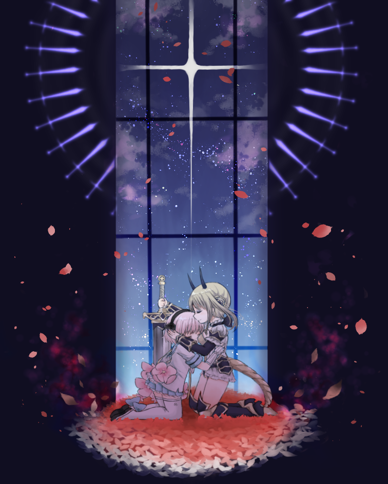 cloud dark_background falling_petals flower flower_bed gamo_tako holding holding_sword holding_weapon horns hug la_pucelle_(mahoiku) magical_girl mahou_shoujo_ikusei_keikaku night night_sky petals red_petals sky snow_white_(mahoiku) star_(sky) sword tail thighhighs weapon white_petals white_thighhighs window