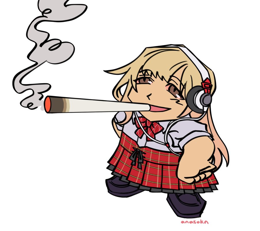 1girl bow brown_eyes cigarette doobie_ralsei_(meme) eyebrows_hidden_by_hair female_focus full_body grey_hair headphones long_hair matsunae_tsugumi meme plaid_bow plaid_clothes plaid_skirt red_bow red_skirt school_uniform shin_subarashiki_kono_sekai skirt smoke smoke_trail solo subarashiki_kono_sekai two-tone_skirt