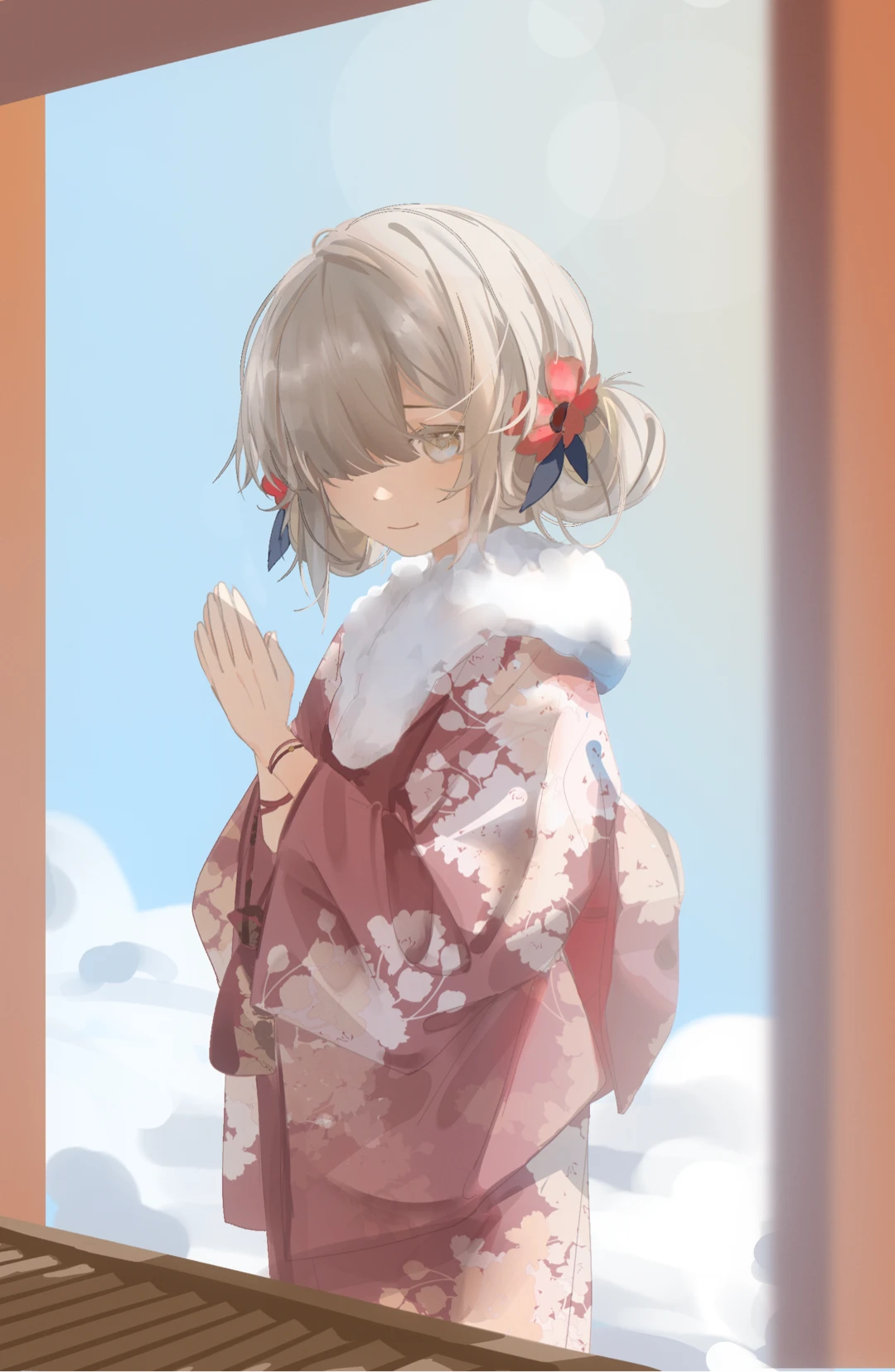 1girl alternate_costume alternate_hairstyle anemone_(flower) back_bow blue_sky bow box bracelet cherry_blossom_print chinese_commentary closed_mouth cloud cloudy_sky commentary_request day donation_box double_bun floral_print floral_print_kimono flower fur-trimmed_kimono fur_trim furisode grey_eyes grey_hair hair_bun hair_flower hair_ornament hair_over_one_eye hatsumoude highres isekaijoucho japanese_clothes jewelry kamitsubaki_studio kimono lens_flare light_blush light_smile long_sleeves looking_at_viewer new_year obi obstructed_view one_eye_covered own_hands_together palms_together print_kimono red_flower red_kimono red_sash sash sky solo swept_bangs updo upper_body virtual_youtuber wide_sleeves xiehuang_fenzhengrou