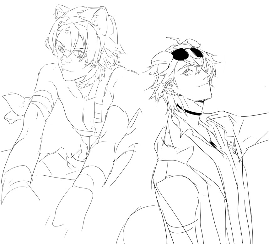 2boys ahoge ambience_synesthesia animal_ear_fluff animal_ears arknights arm_strap bandaid bandaid_on_face bandaid_on_nose bandana bandana_around_arm chest_harness chinese_commentary choker collared_shirt commentary_request dog_ears dog_tail ear_piercing earrings eyewear_on_head hair_between_eyes hair_intakes hand_up harness infection_monitor_(arknights) jacket jewelry looking_to_the_side male_focus messy_hair monochrome multiple_boys open_clothes open_jacket open_shirt piercing scarf shirt sitting smile sunglasses tail tequila_(arknights) tequila_(cardwinner)_(arknights) thick_eyebrows tongue tongue_out turtleneck white_background windflit_(arknights) yszx