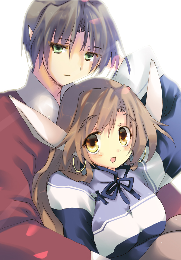 1boy 1girl ainu_clothes animal_ears aquaplus arm_up benawi black_hair blush breasts brown_hair closed_mouth dress earrings gradient_eyes green_eyes hair_between_eyes hair_over_shoulder height_difference hoop_earrings jewelry long_hair long_sleeves looking_at_viewer medium_breasts multicolored_eyes open_mouth parted_bangs pointy_ears raised_eyebrows sakuya_(utawarerumono) short_hair sidelocks tsubason upper_body utawarerumono utawarerumono:_lost_flag very_long_hair wide_sleeves yellow_eyes