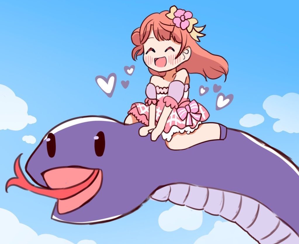1girl ^_^ animal blush chibi closed_eyes detached_sleeves dress closed_eyes hair_bun happy heart long_hair love_live! love_live!_nijigasaki_high_school_idol_club nagisa_iori oversized_animal pink_dress pink_hair purple_footwear riding riding_animal sasuke_(love_live!) short_dress single_side_bun sky snake strapless strapless_dress uehara_ayumu yume_e_no_ippo