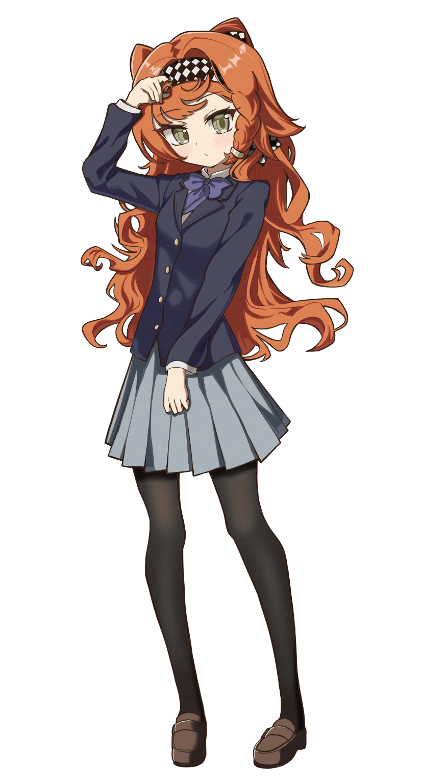 1girl adjusting_hair alternate_costume black_pantyhose blazer blue_jacket brown_shoes checkered_hairband closed_mouth dot_mouth full_body green_eyes grey_skirt hairband hand_up highres jacket legs_apart loafers long_hair long_sleeves looking_to_the_side miniskirt orange_hair pantyhose pleated_skirt reverse:1999 school_uniform shirt shoes skirt solo sonetto_(reverse:1999) standing thiepriest transparent_background two_side_up wavy_hair white_shirt