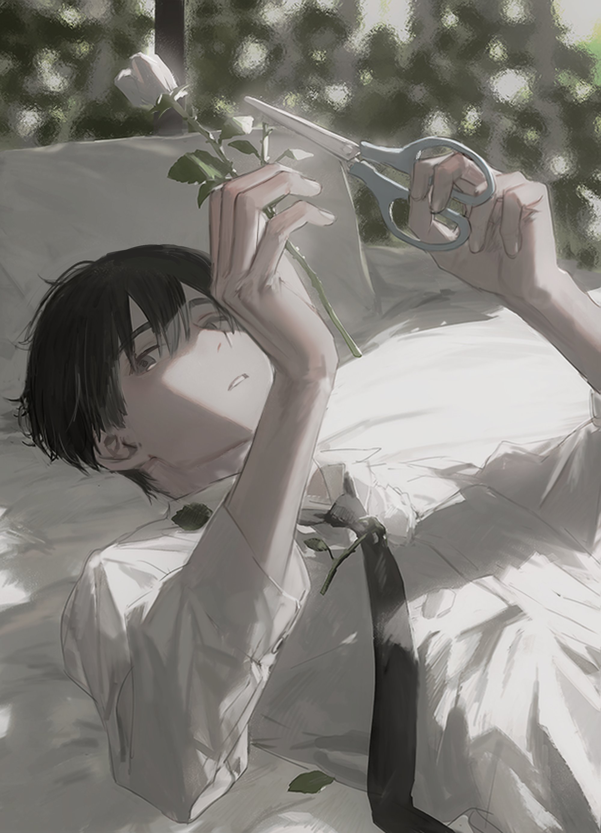 1boy absurdres bed_sheet black_hair black_necktie collared_shirt double-parted_bangs dutch_angle flower grey_eyes hands_up highres hirota_tsuu holding holding_flower holding_scissors leaf lying male_focus necktie on_back original parted_lips pillow rose scissors shirt short_hair sideways_glance solo sunlight upper_body white_flower white_rose white_shirt