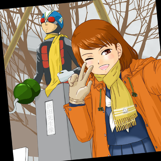 1girl brown_eyes brown_hair cosplay dutch_angle error_(errorless) hook kamen_rider kamen_rider_riderman_(series) kamen_rider_v3_(series) one_eye_closed open_mouth orita_hikoichi_(statue) riderman riderman_(cosplay) scarf school_uniform statue translated tree v wink yellow_scarf