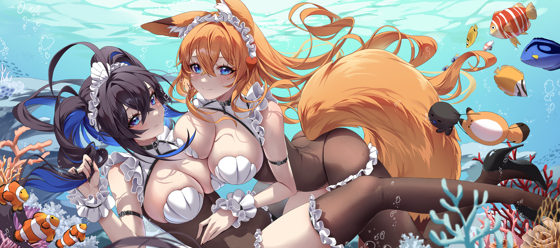 2girls animal_ears arm_strap asymmetrical_docking black_hair black_thighhighs blue_eyes blush breast_press breasts colored_inner_hair crossed_bangs fish fox_ears fox_tail frilled_hairband frilled_thighhighs frills hairband high_heels highres large_breasts leotard long_hair looking_at_viewer multicolored_hair multiple_girls no_bra orange_hair original tacco_(tikeworld) tail thighhighs twintails underwater wrist_cuffs