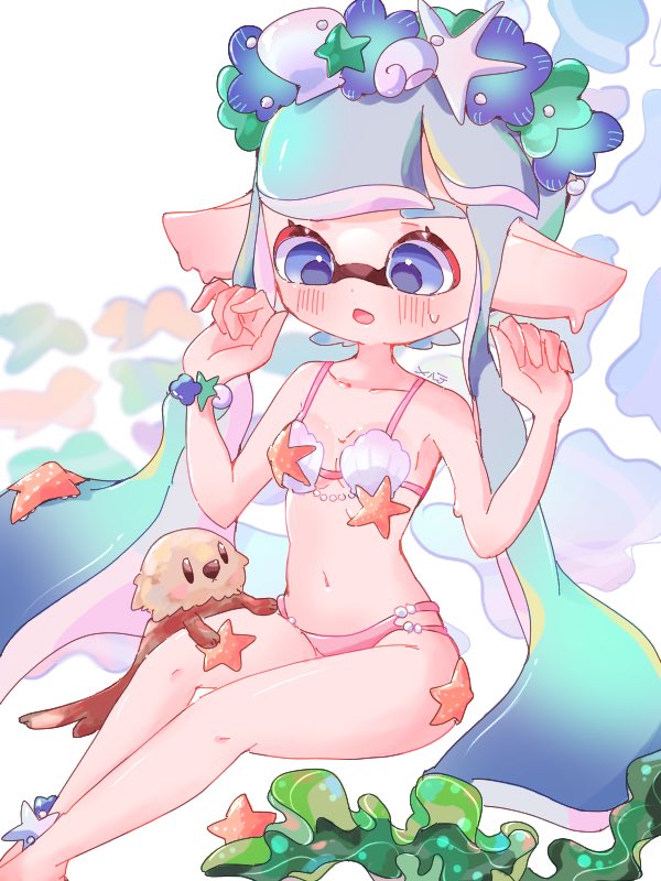 1girl animal arms_up blue_eyes blush breasts commentary coral head_wreath inkling inkling_girl inkling_player_character invisible_chair kelp long_hair medium_breasts merute_spla navel nintendo otter pointy_ears shell shell_bikini sitting solo splatoon_(series) splatoon_3 starfish sweat symbol-only_commentary tentacle_hair very_long_hair wet white_background