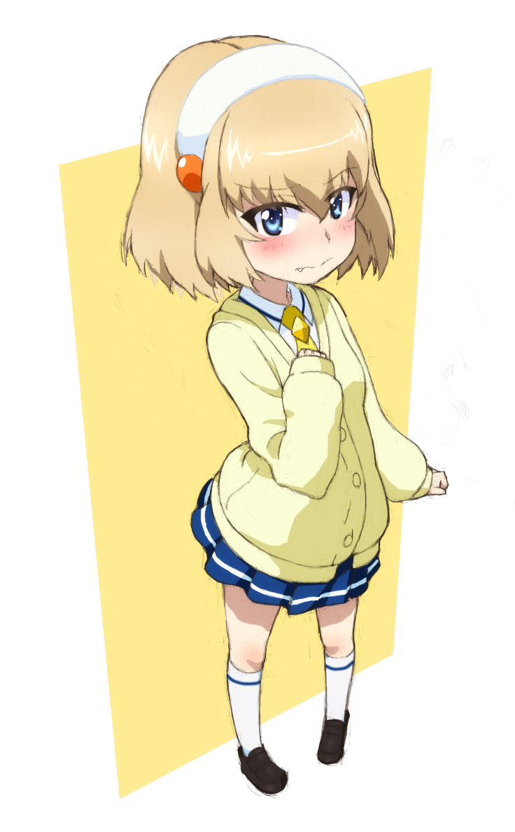 1girl black_shoes blonde_hair blue_eyes blue_skirt blush bob_cut cardigan clenched_hand closed_mouth commentary cosplay fang frown full_body girls_und_panzer hairband hand_on_own_chest kanemoto_hisako katyusha_(girls_und_panzer) kayabakoro kise_yayoi kise_yayoi_(cosplay) long_sleeves looking_at_viewer miniskirt nanairogaoka_middle_school_uniform necktie pleated_skirt precure school_uniform shimul_gururu shirt shoes short_hair single_horizontal_stripe skirt smile_precure! socks solo standing voice_actor_connection white_hairband white_shirt white_socks wing_collar yellow_cardigan yellow_necktie