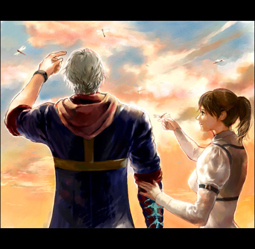1boy 1girl brown_hair capcom cloud devil_may_cry devil_may_cry_(series) devil_may_cry_4 dress hood hoodie kyrie_(devil_may_cry) long_hair lowres nero_(devil_may_cry) niko_(silent.whitesnow) ponytail short_hair silver_hair sky wristband
