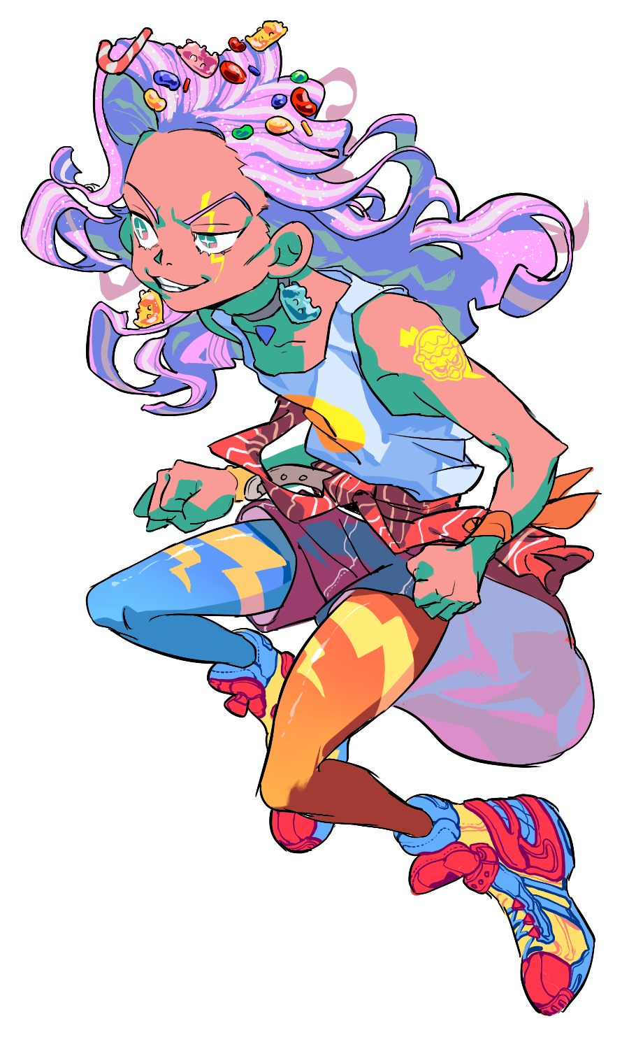 +_+ 1boy alternate_costume asymmetrical_legwear belt black_shorts bulzizzang candy candy_cane choker dark-skinned_male dark_skin diamond_wa_kudakenai earrings floating_hair food food_on_head full_body gummy_bear highres jelly_bean jewelry jojo_no_kimyou_na_bouken lightning_bolt_symbol long_hair male_focus object_on_head otoishi_akira parted_lips purple_hair red_shoes shoes shorts simple_background smile solo sprinkles tank_top uneven_legwear white_background