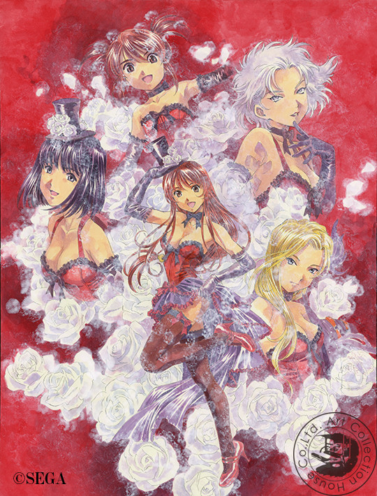 5girls bare_shoulders black_hair black_ribbon black_skirt blonde_hair blue_eyes blunt_bangs blunt_ends breasts brown_eyes brown_hair brown_thighhighs bustier bustier_ribbon child choker cleavage clothes_lift collarbone coquelicot_(sakura_taisen) elbow_gloves erica_fontaine everyone eyelashes finger_on_chin floral_background flower frilled_bustier frilled_gloves frilled_skirt frills full_body gloves glycine_bleumer hair_between_eyes hair_over_breasts hair_over_one_breast hair_tie happy hat hat_flower head_tilt high_heels holding holding_unworn_clothes holding_unworn_hat kitaooji_hanabi leg_up lobelia_carlini long_hair long_sidelocks low-tied_long_hair low_ponytail matsubara_hidenori messy_hair multiple_girls neck no_eyewear official_art open_mouth outstretched_arm petals ponytail red_background red_bustier red_footwear red_ribbon ribbon ribbon_choker ribbon_legwear rose rose_petals sakura_taisen sakura_taisen_iii second-party_source sega short_twintails sidelocks skirt skirt_lift small_headwear smile strap strapless tareme teeth thighhighs top_hat traditional_media tsurime twintails unworn_hat unworn_headwear upper_body wavy_ends wavy_hair wavy_sidelocks white_flower white_hair white_petals white_rose