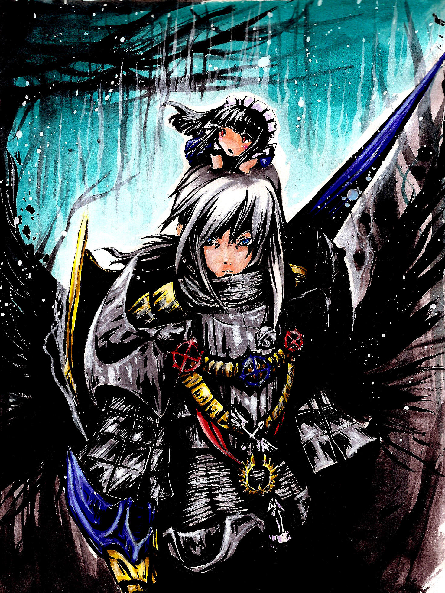 1boy alice_(ragnarok_online) armor black_wings blue_background blue_eyes breastplate character_doll commentary_request cross_of_prontera doll_on_head faulds feathered_wings gauntlets grey_hair highres long_hair looking_to_the_side male_focus pauldrons ragnarok_online royal_guard_(ragnarok_online) shoulder_armor solo spanish_commentary wings yunaxd