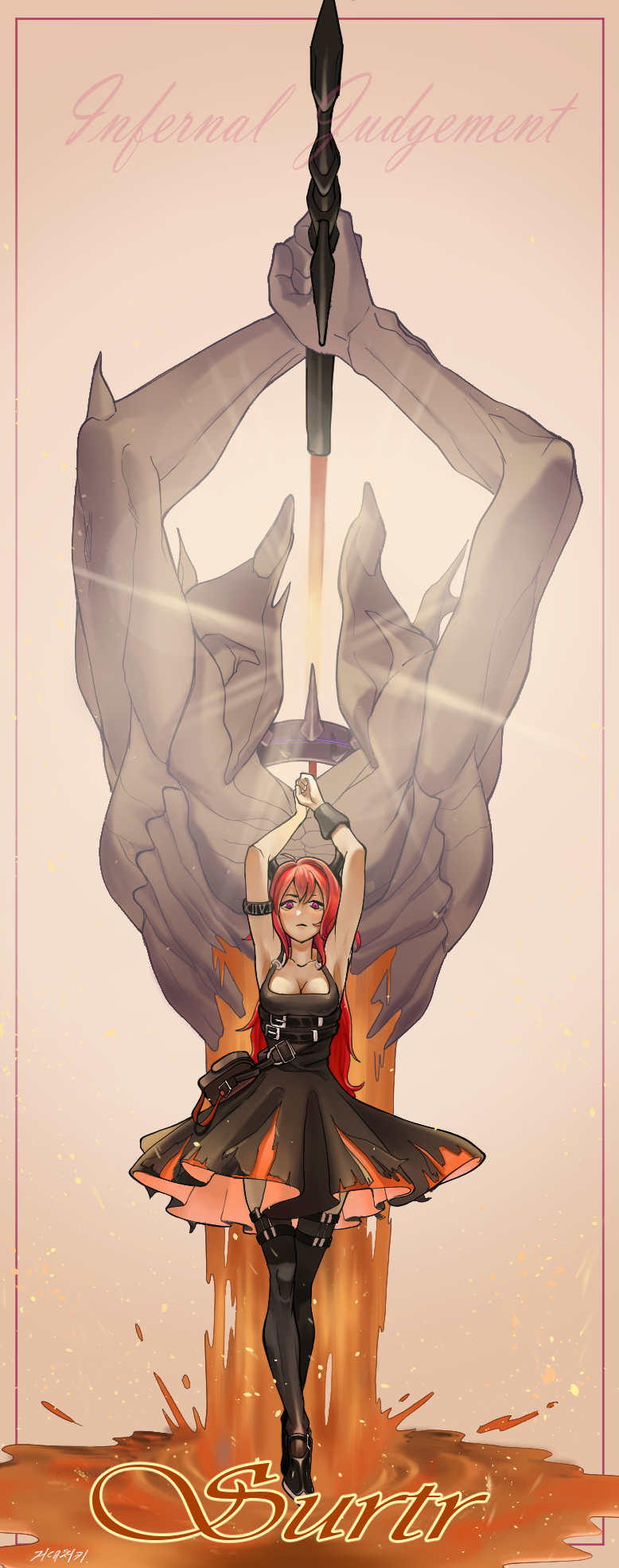 1girl adapted_costume arknights armpits arms_up bare_shoulders black_dress black_thighhighs breasts cleavage closed_mouth collar demon demon_girl demon_horns dress english_text full_body geodaecheoki giant_hand glowing hair_between_eyes hair_intakes highres holding holding_weapon horns huge_weapon infection_monitor_(arknights) large_breasts lava light_rays long_hair looking_at_viewer purple_eyes red_hair signature simple_background solo spiked_collar spikes standing surtr&#039;s_golem_(arknights) surtr_(arknights) sword thighhighs very_long_hair weapon white_background