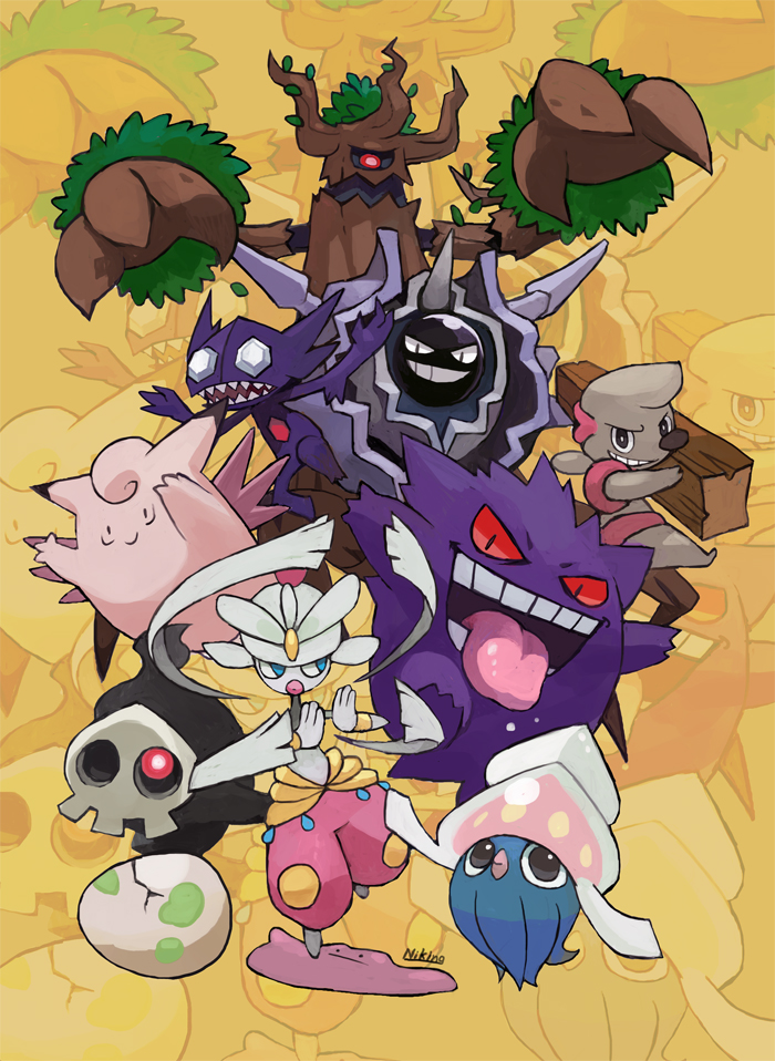 clefable cloyster ditto duskull egg gen_1_pokemon gen_3_pokemon gen_5_pokemon gen_6_pokemon gengar inkay looking_at_viewer medicham mega_medicham mega_pokemon niking nintendo no_humans pokemon pokemon_(creature) pokemon_egg sableye signature smile timburr tongue tongue_out trevenant yellow_background zoom_layer