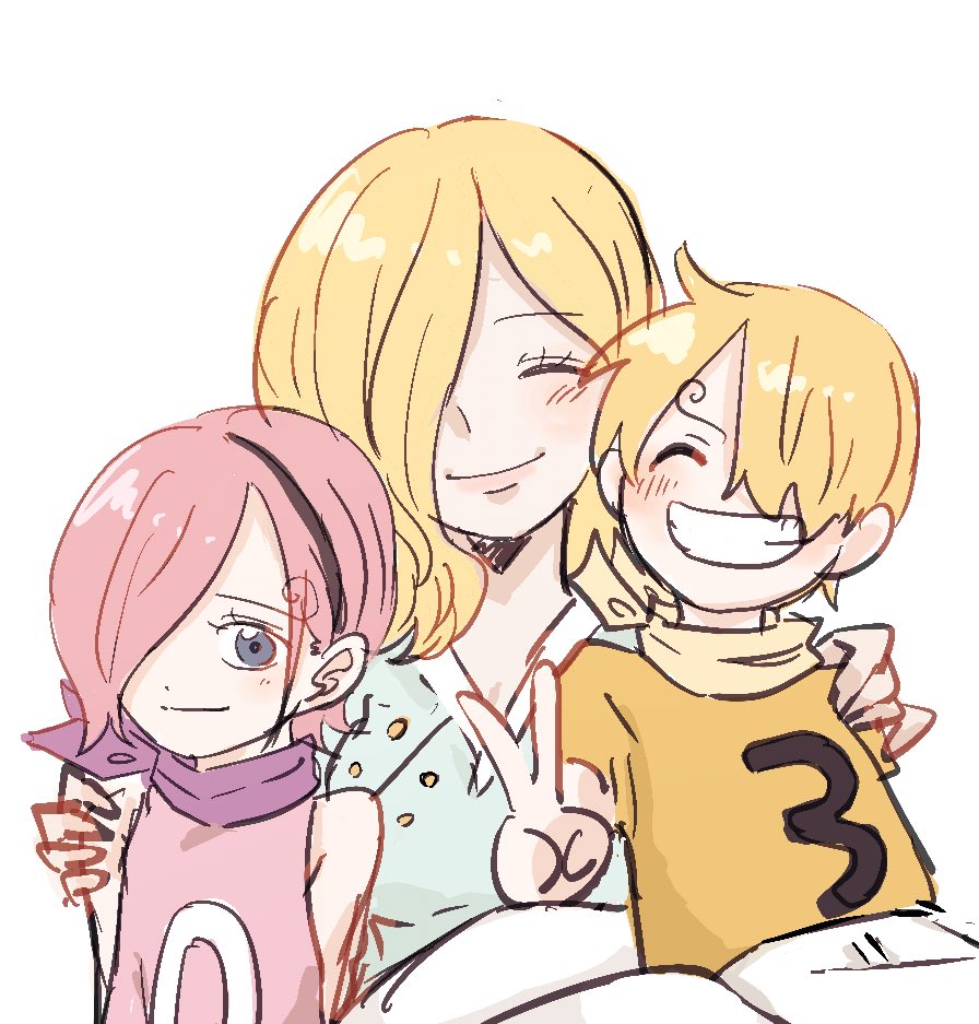 1boy 2girls blonde_hair blush closed_mouth curly_eyebrows dress hair_over_one_eye mother_and_daughter mother_and_son multiple_girls neckerchief numbered one_piece pink_hair pink_neckerchief purple_eyes ri_fanart sanji_(one_piece) shirt short_hair simple_background sleeveless sleeveless_dress smile t-shirt v vinsmoke_reiju vinsmoke_sora white_background