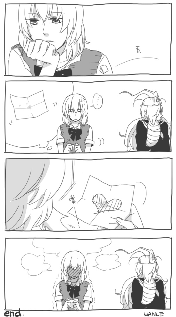 ... 2girls 4koma abc82513 anger_vein binbougami_ga! blush cast comic commentary_request english_text frown full-face_blush greyscale heart long_hair looking_away medium_hair momiji_(binbougami_ga!) monochrome multiple_girls note open_mouth paper sakura_ichiko school_uniform short_sleeves silent_comic smile speech_bubble spoken_ellipsis thought_bubble trembling triangular_headpiece upper_body yuri