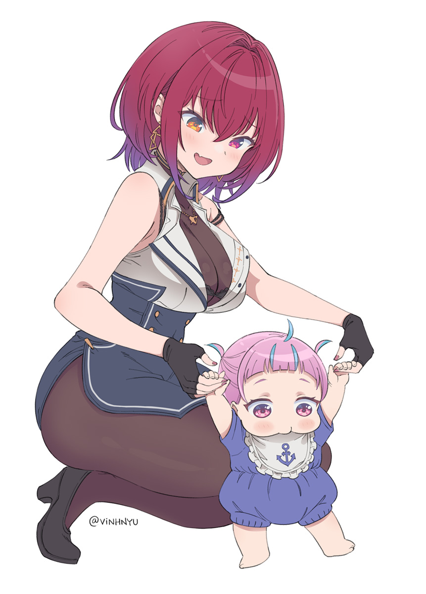 2girls aged_down anchor_print bare_arms bare_shoulders barefoot bib black_bra black_footwear blue_hair blunt_bangs bra breasts buttons cleavage closed_mouth commentary_request double-breasted earrings fang fingerless_gloves forehead full_body gloves hair_intakes heterochromia high_heels highres holding_hands hololive houshou_marine houshou_marine_(businesswoman) jewelry lace lace-trimmed_bra lace_trim large_breasts looking_at_another looking_down medium_hair minato_aqua multiple_girls official_alternate_costume open_mouth pink_eyes pink_hair pout red_eyes red_hair shirt short_hair short_sleeves short_twintails simple_background skin_fang sleeveless sleeveless_shirt squatting thighs toddler twintails twitter_username underwear vinhnyu virtual_youtuber white_background yellow_eyes