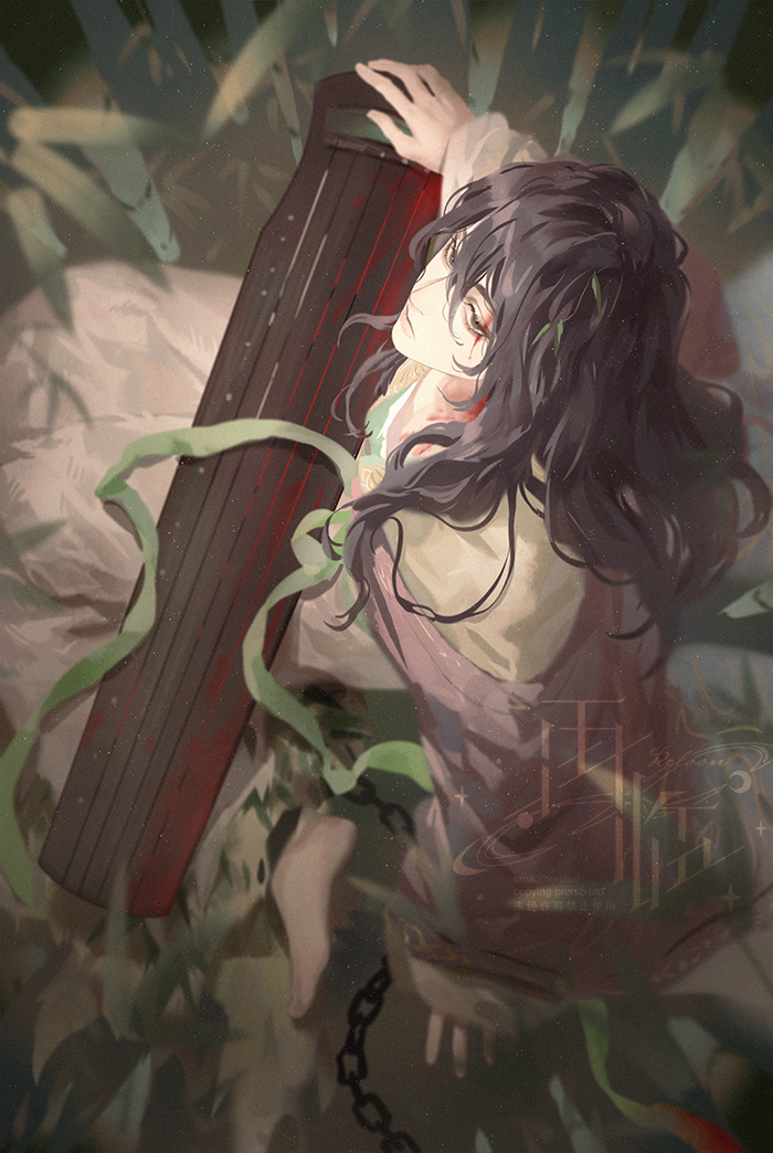 1boy artist_name barefoot black_hair chain chinese_clothes closed_mouth from_above full_body guzheng hair_between_eyes holding ji_kang jiangnan_baijingtu leaf long_hair long_sleeves looking_at_viewer looking_up male_focus plant reloon ribbon sitting solo watermark wide_sleeves