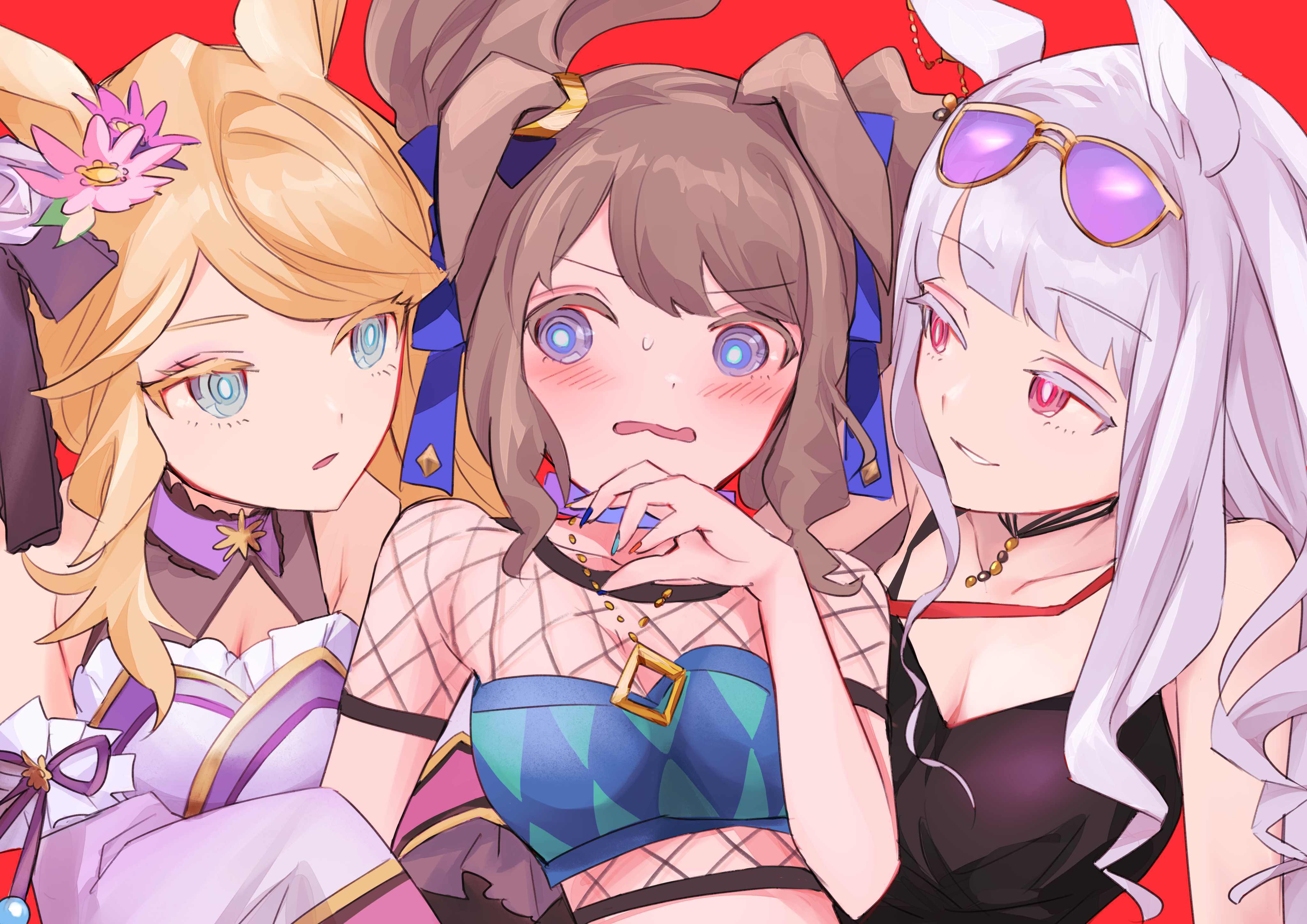 3girls absurdres animal_ears aqua_eyes blonde_hair blue_eyes blunt_bangs breasts brown_hair cleavage commentary_request curly_hair detached_sleeves ear_ornament ear_piercing ears_down eyewear_on_head fishnet_top girl_sandwich gold_city_(akizakura_danzatrice)_(umamusume) gold_city_(umamusume) gold_ship_(run_revolt_launcher)_(umamusume) gold_ship_(umamusume) halterneck highres horse_ears horse_girl japanese_clothes kimono light_purple_hair moffumoto multiple_girls piercing purple_kimono red_background red_eyes ringlets sandwiched strapless sunglasses sweatdrop swimsuit tosen_jordan_(umamusume) tube_top umamusume upper_body